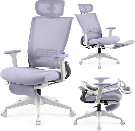 Foldable Office Chair with Foot Rest, Ergonomic Office Chair with Adjustable Lumbar Support, Headrest, Armrest, Home Office Desk Chair for Space Saving, Work from Home, Purple