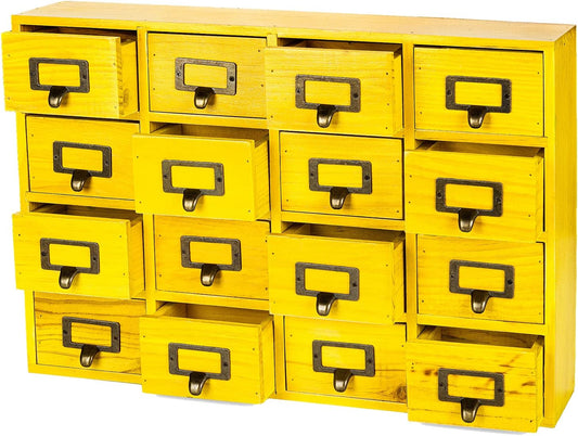 Yellow 16-Slot Wooden Drawer Unit - Country Style Desk Organizer - 20"x3.6”x14” Wooden Storage Box w/ 16 Drawers - Countertop Drawers w/Label Holder & Handle - Slim 4-Level Desk Organizer