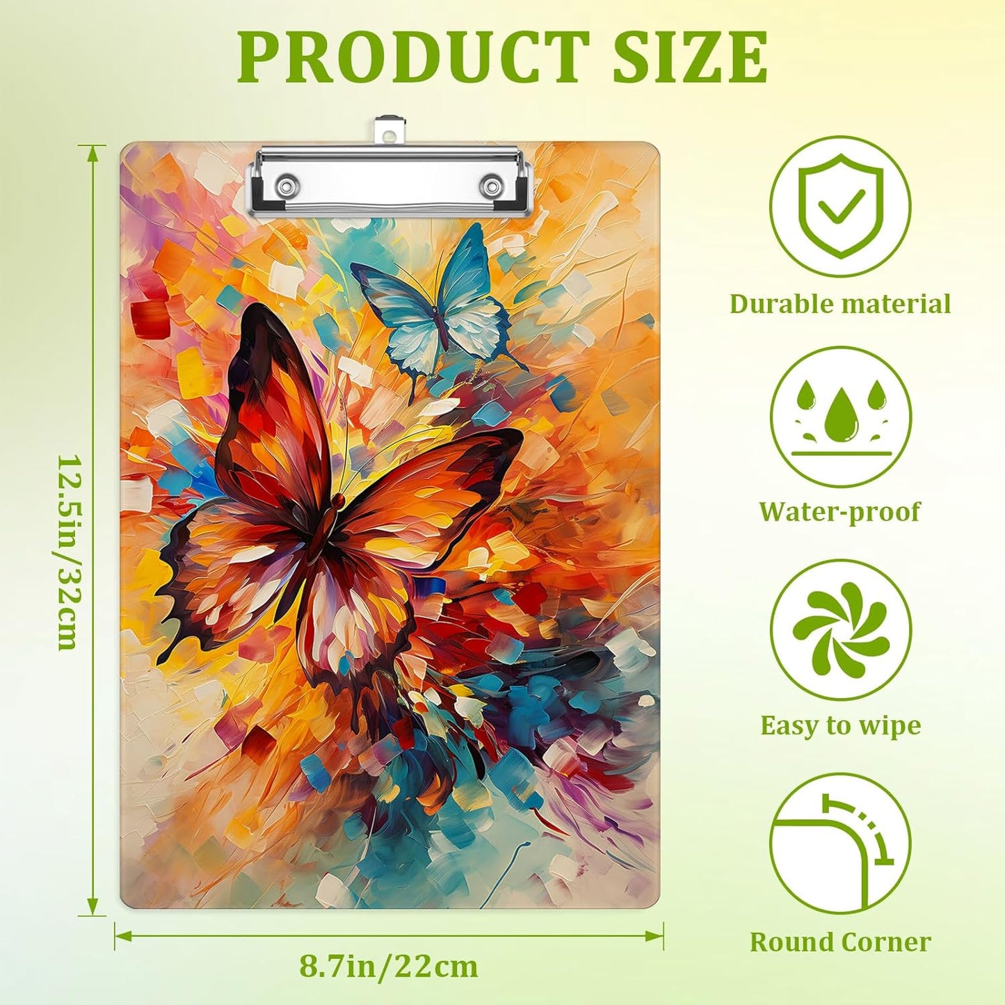 Butterfly Clipboard,Decorative Acrylic Clipboard with Low Profile Metal Clip for Office,School,Teachers,Students Standard Letter Size 9x12.5