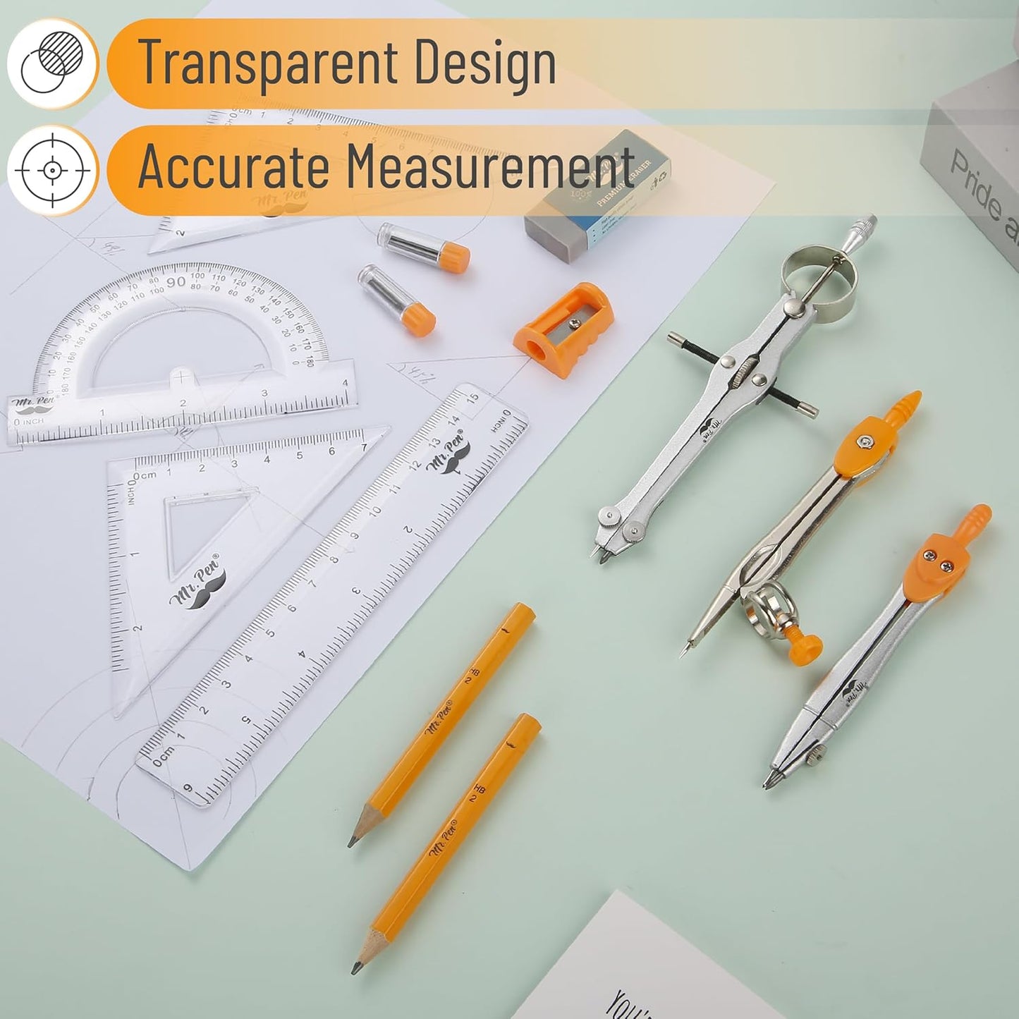 Mr. Pen- Geometry Set, 13 pcs, Compass for Geometry Compass, Geometry Kit Set with Shatterproof Storage Box, Math Compass, Geometry Set for School, Compass Math, Protractor and Compass Set, Orange