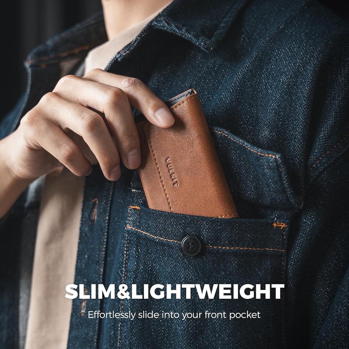 VULKIT Leather Business Card Holder Case for Men Slim Pocket Business Card Wallet Name Card Case Holder, Holds 20 Business Cards Brown