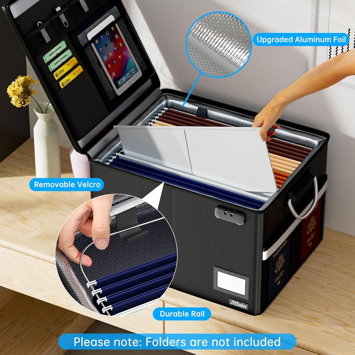 5200℉ Fireproof Document Box with Lock, Waterproof File Organizer with Handle, Portable Collapsible Filing Cabinet with Reflective Strip for Hanging Letter/Legal Folder, Black