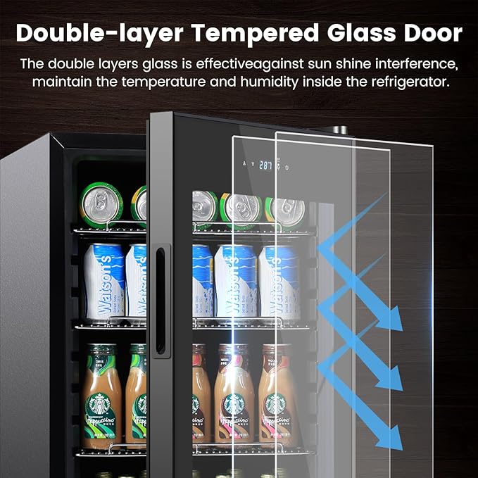 17 Inch Black Beverage Refrigerator Cooler, 96 Cans Mini Fridge with Glass Door&Lock, Beer Fridge for Soda Water or Wine, Drink Refrigerator for Home Office Bar Bedroom