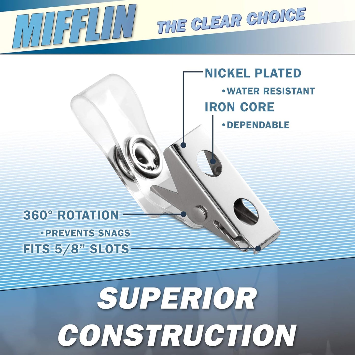 Mifflin-USA Horizontal Plastic Card Holder with Metal Clip and Vinyl Straps (Clear, 3.5x2.25 Inch, 250 Pack), Waterproof PVC ID Name Badge Holder with Clip