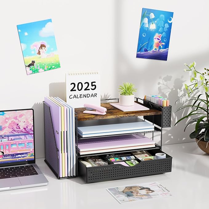 gianotter Wood Desk Organizers and Accessories with File Holder, 4-Tier Desk Accessories & Workspace Organizers with Drawer and Pen Holder, Paper Organizer for Office Supplies (Wood)