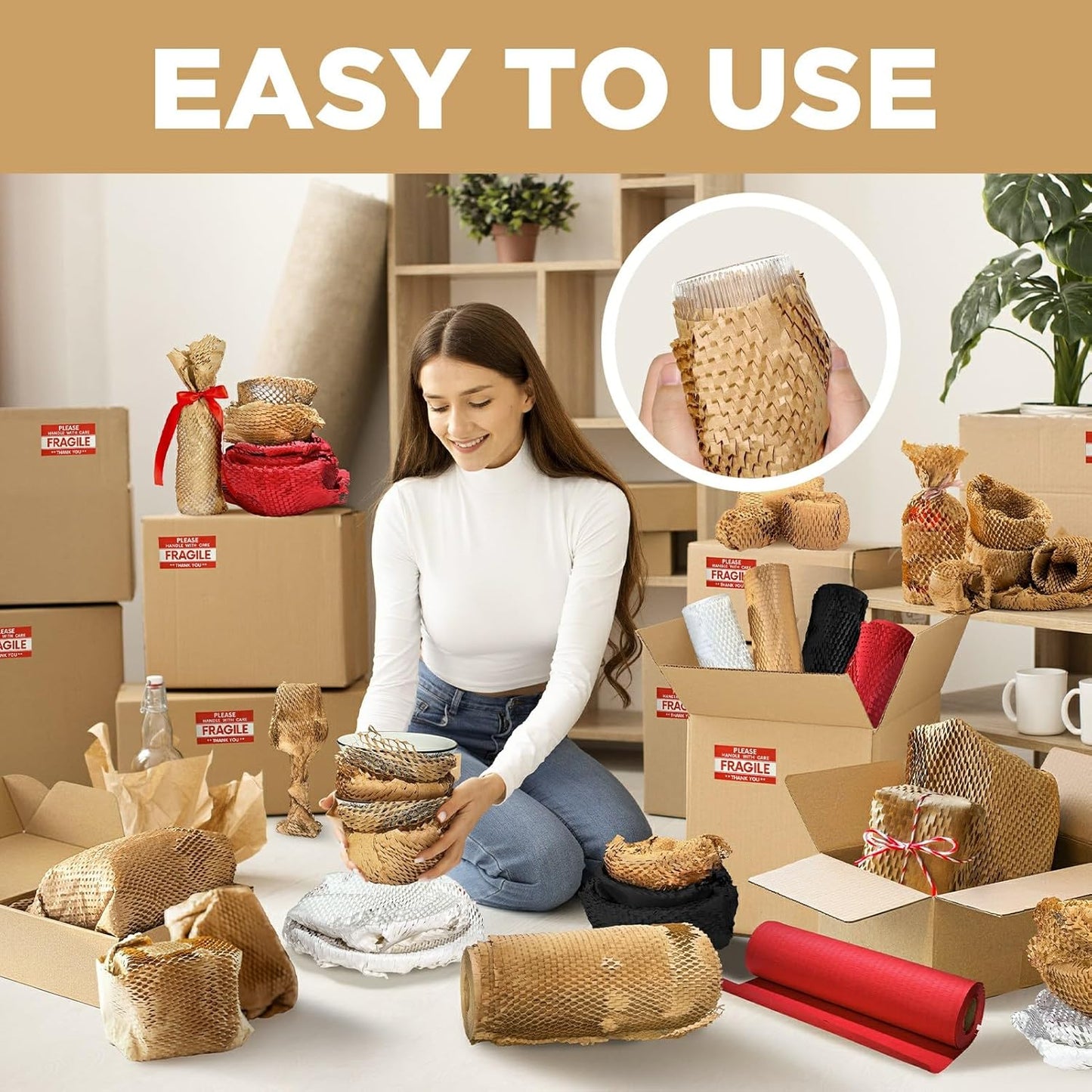 Honeycomb Packing Paper, 12"x50' Brown | Perforated Honeycomb Packing Paper Recyclable Moving Supplies for Shipping & Moving | Plastic-Free Alternative to Bubble Cushion Wrap with 36 Fragile Stickers