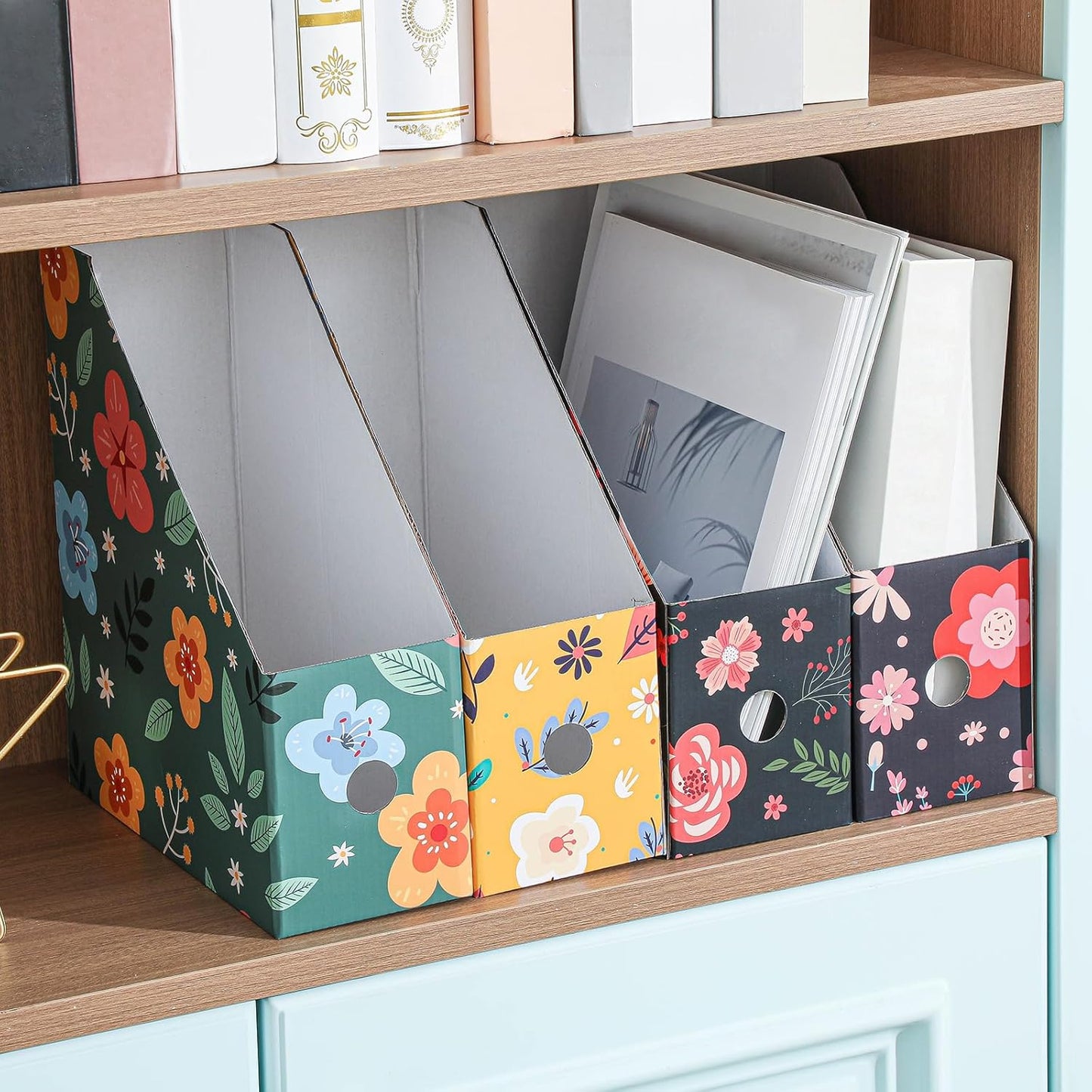 PerKoop 6 Pcs Magazine File Holder Foldable Decorative Cardboard File Folders 6 Patterns Floral Colored Magazine Rack with Printable Sticker Labels for School Office Home Desk (Flower Design)