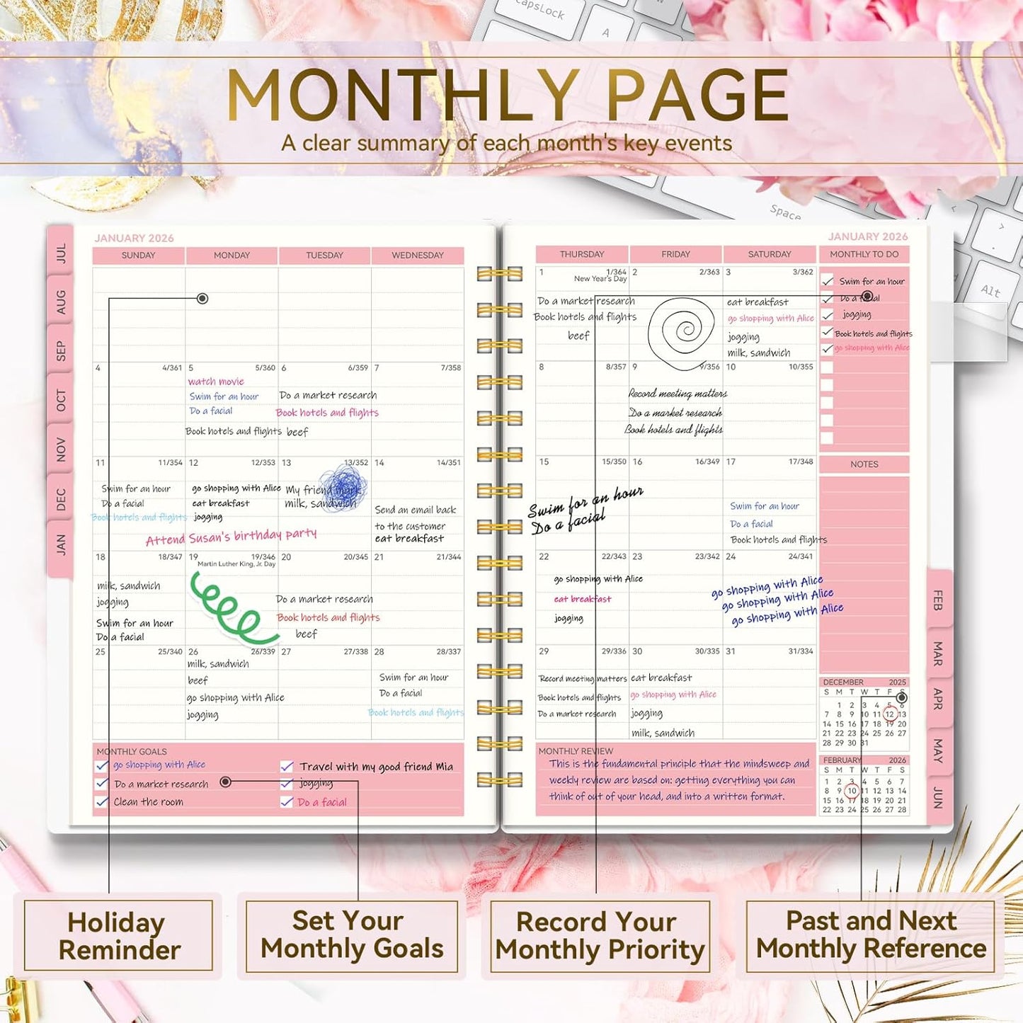 Planner 2025-2026-Weekly and Monthly, Academic Planner 2025-2026 run from Jul.2025 - Jun.2026, Planners 2025-2026 for Women, AIMPEAK Daily Calendar Planners for Teacher & Student, Monthly Tabs, Pink Marble, 5.5"x8.5"