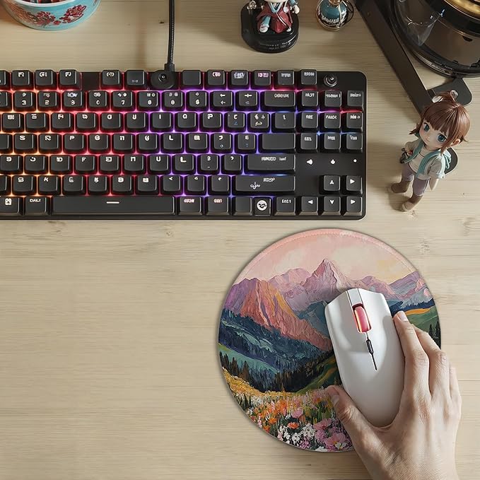 Boho Mountain Mouse Pad, Colorful Floral Watercolor Wildflower Nature Landscape Mousepad for Computer Laptop Office Desk Accessories,7.9x7.9,C069