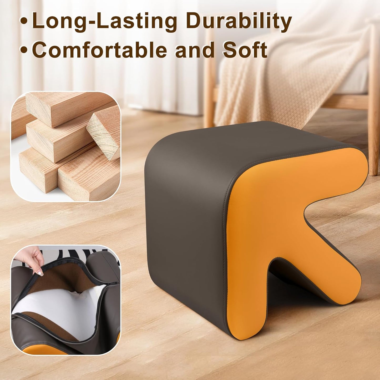 H&B Luxuries Ottoman, Foot Stool with Creative Shape, Napa Leather Ottomans, Removable Outer Foot Rest, No Assembly Required, Ottoman for Living Room, Bedroom, Entrance, Gray Yellow