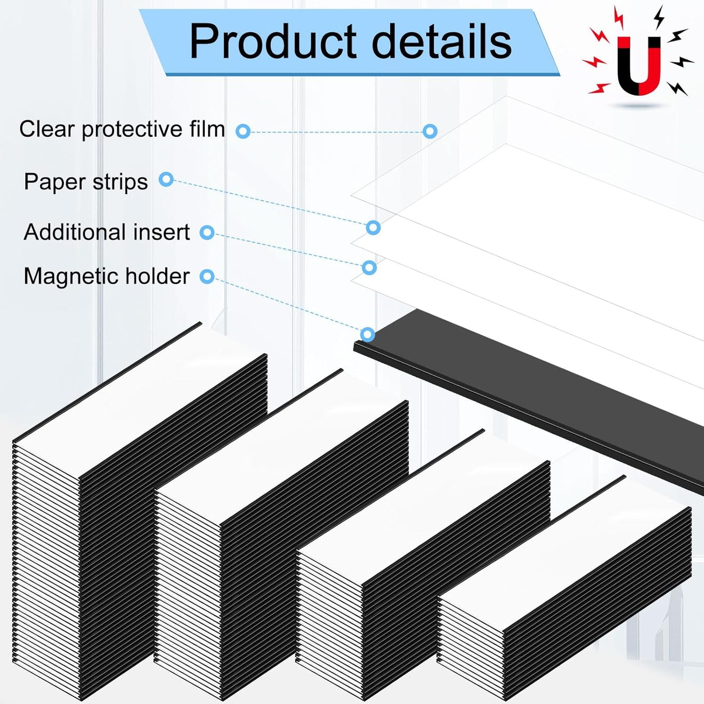 Gueevin 100 Pcs Magnetic C Channel Label Holders 3 x 8 Inch Label Holders Magnet Name Plate with Paper Inserts and Clear Plastic Protectors for File Cabinet Shelf Toolbox Drawer