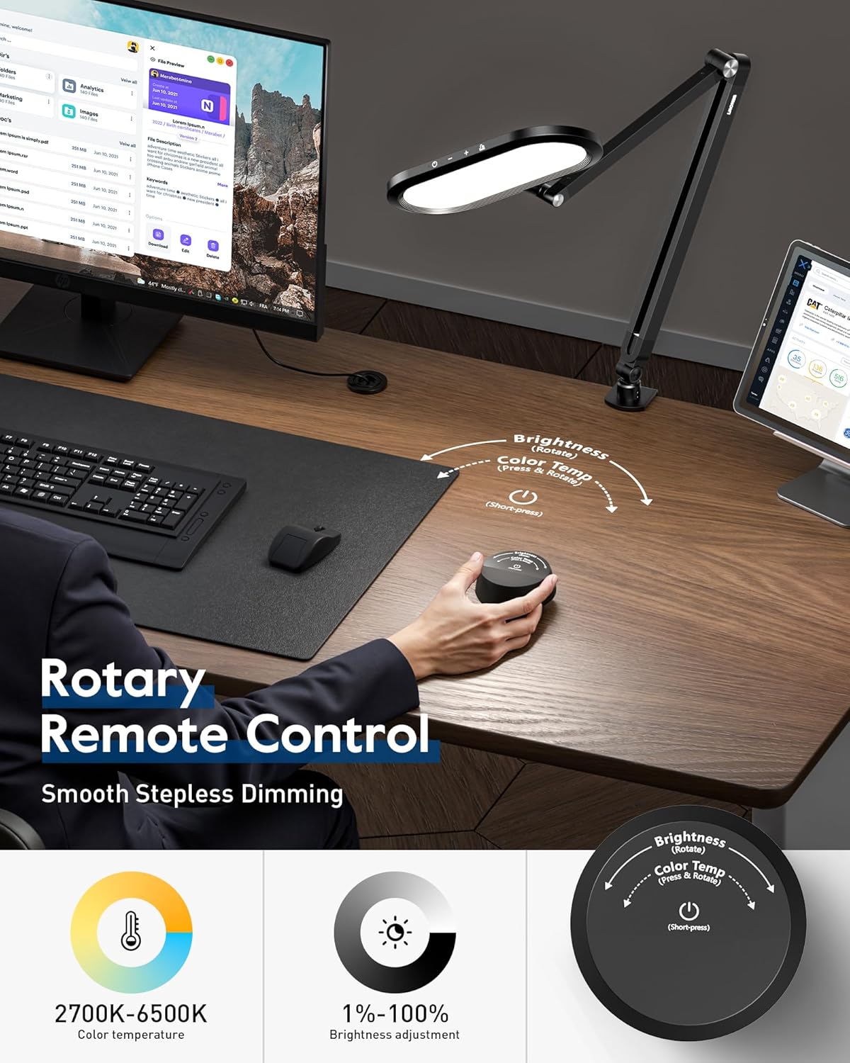 Desk Lamp for Home Office, Eye-Care Dual-Sided Seamless Dimmable LED Desk Light with Knob Remote, Adjustable Arm Clamp Computer Lighting for Video Conference Recording, Zoom Call, Task, Stream