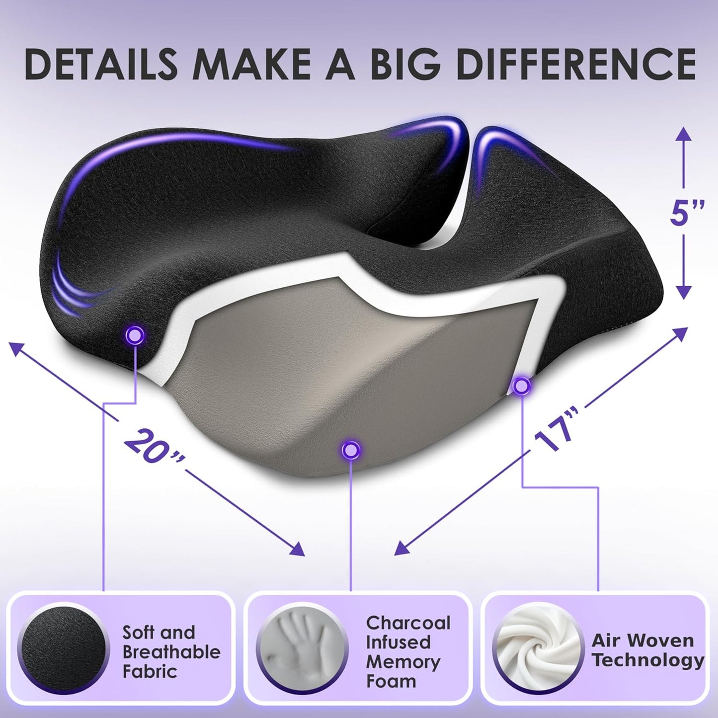 Pressure Relief Seat Cushion for Tailbone Pain – X Large Office Chair Cushion for Butt, Back Pain, Coccyx & Sciatica Pain Relief Pillow. Memory Foam Seat Cushions for Office Chairs (Original Black)