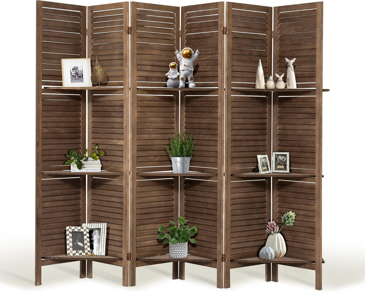 Room Divider with Shelves, 5.6FT Folding Room Divider Panel, 6 Panel Wood Partition Wall Divider for Room Separation, Dark Brown