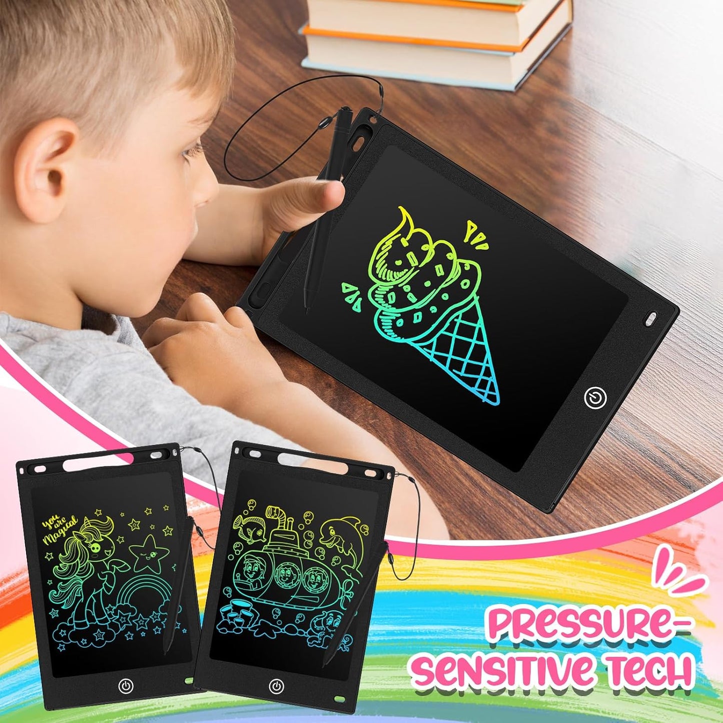 Zonon 4 Pcs LCD Writing Tablet 8.5 Inch Doodle Board Tablet Drawing Gifts LCD Writing Board Electronic Erasable Reusable Colorful Screen Pad(Black)
