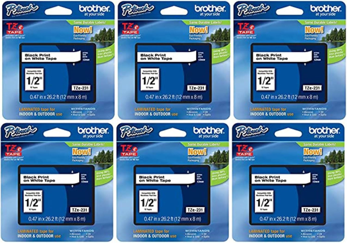 Brother Genuine P-Touch, TZe-231 6 Pack Tape ½” (0.47”) x 26.2 ft. (8m) 6-Pack Laminated P-Touch Tape, Black on White, Perfect for Indoor or Outdoor Use, Water Resistant, TZE2316PKB (TZE231)