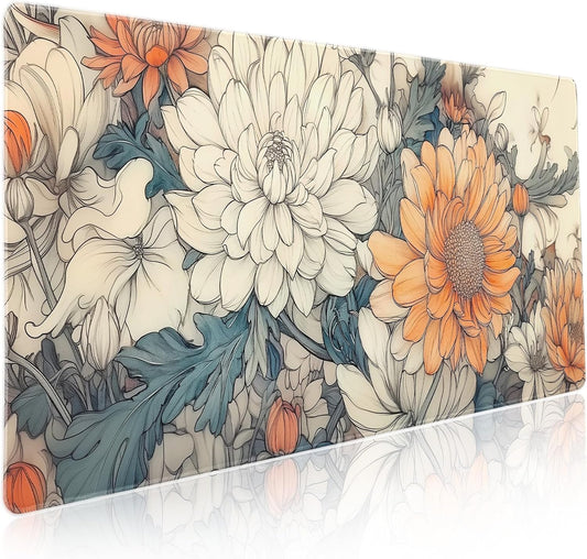 Minimalist Floral Gaming Mouse Pad XXL White Orange Aesthetic Flowers Japanese Extended Large Mat Mousepad Non-Slip Rubber Base Stitched Edge Keyboard Pad Playmat for Computer,35.4×15.7 Inch