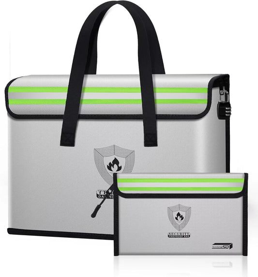 fireproof document pouch (16" x 12" x 5") silicone coated, combination lock office out bag, fireproof money pouch (8.75" x 6.0") for cash, coins, credit cards, passport and other valuables