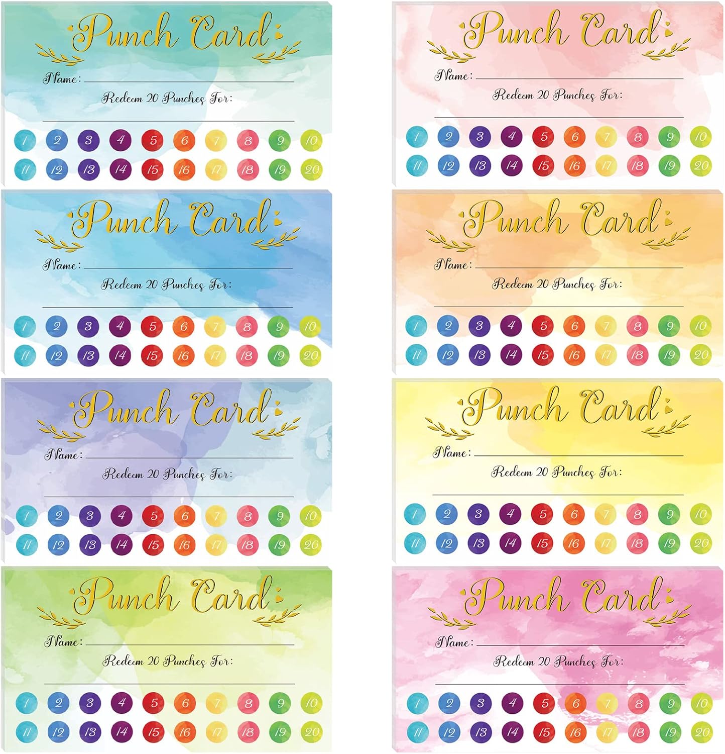 Fumete 400 Pcs Punch Cards for Classroom Reward Cards Behavior Incentive Loyalty Awards for Kids Students Teachers School Business, 8 Styles, 3.5 x 2 in(20 Watercolor Punches Style)