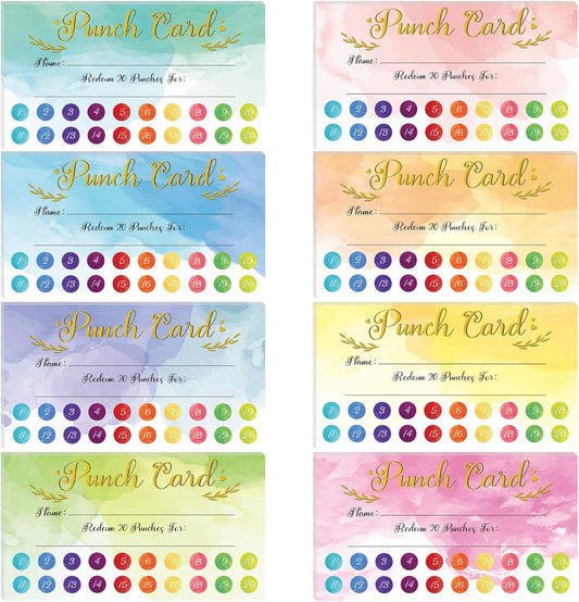 Fumete 400 Pcs Punch Cards for Classroom Reward Cards Behavior Incentive Loyalty Awards for Kids Students Teachers School Business, 8 Styles, 3.5 x 2 in(20 Watercolor Punches Style)