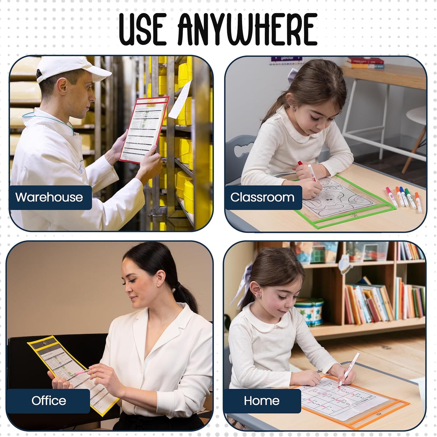 Essex Wares - 5 Pack, Assorted, Job Ticket Holders, 10" Wide x 13.5" Tall - Clear Plastic Shop Ticket Holders - Easy to Use, Reusable & Easy Erase Plastic Invoice Holders, Water-Resistant & Durable