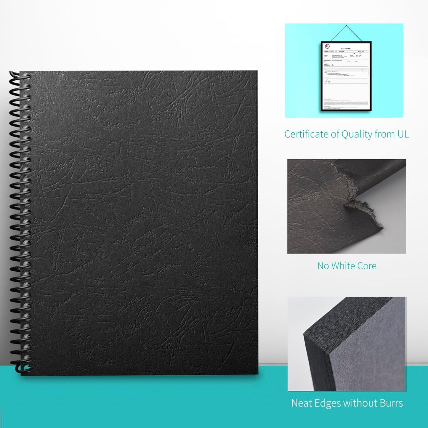 Binditek 50 Pack 13 Mil Grain-Texture Paper Binding Presentation Covers, 8.5 x 11 Inches, 90lb, 250 GSM, Un-Punched, Letter Size, Black, Office Supplies