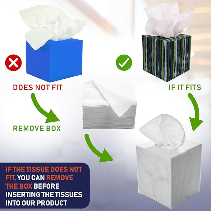 Acrylic Tissue Box Holder, Square Dispenser for Facial Tissues, Napkins, and Dryer Sheets. Perfect for Bathrooms, Desks, Countertops, Vanities, Bedrooms, and Nightstands (Square, Marble)