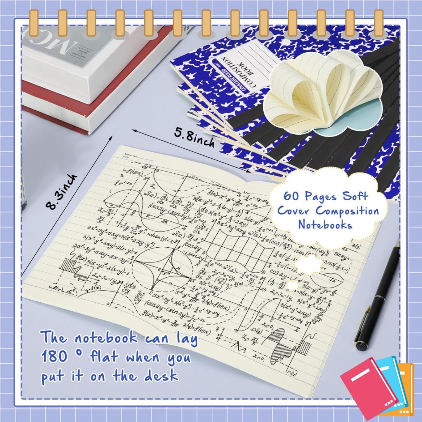 Fainne 100 Pack A5 Composition Notebooks Bulk College Ruled Composition Notebooks Marble Covers Notebook for Student Classroom Office Supplies 30 Sheet/60 Page(Dark Blue)