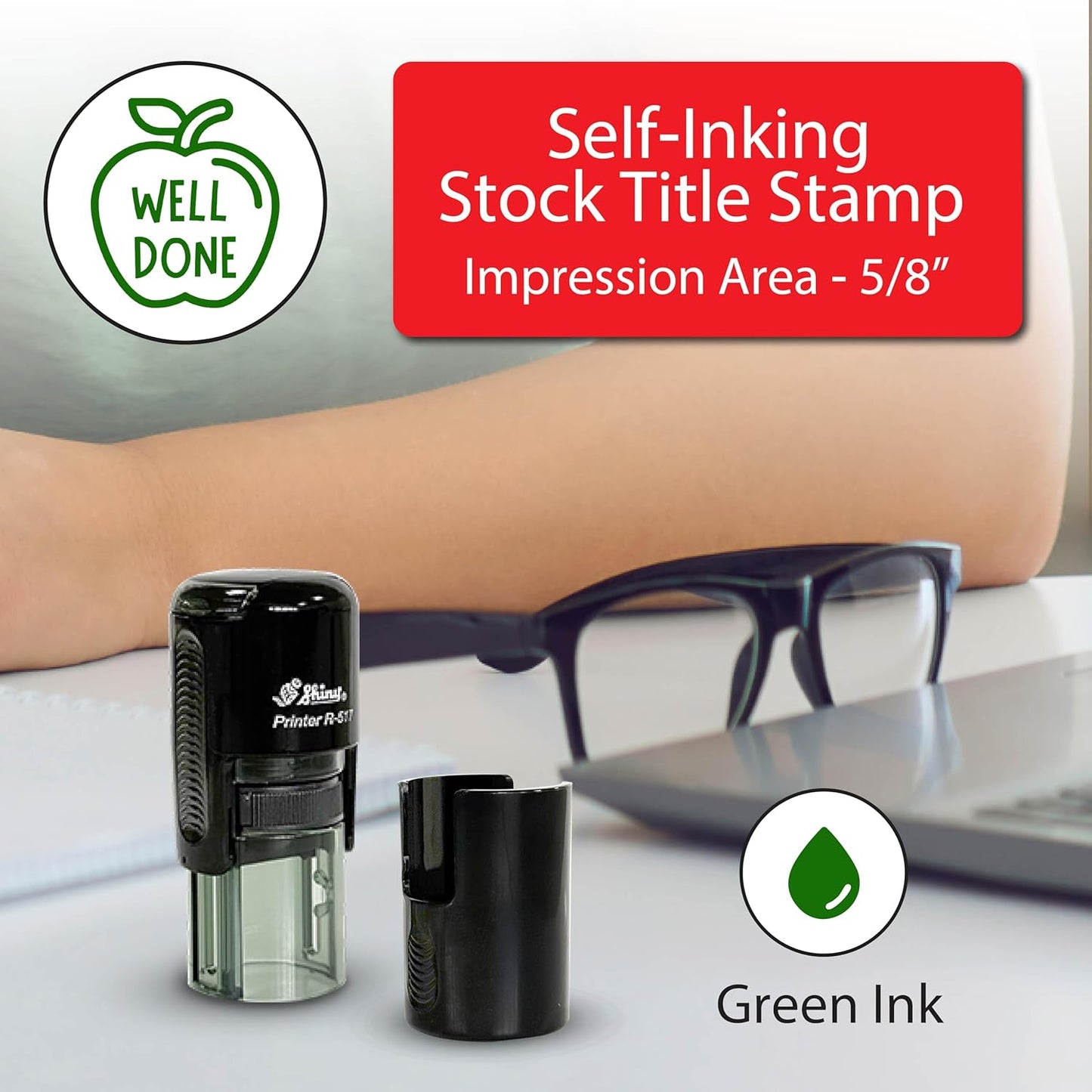 Shiny Well Done Teacher Stamp, Round Self Inking Stamp for Classroom, Green Ink