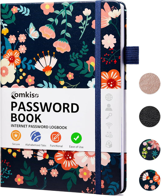 Password Book with Individual Alphabetical Tabs Laminated, Large Print Password Keeper Book for Seniors, A5 Hardcover Internet Password Log Book to Record Website Login Details - Floral