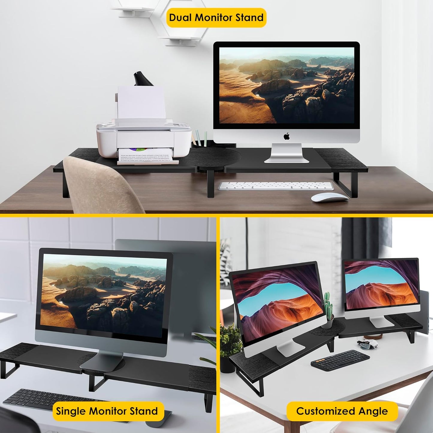 Dual-Monitor Stand for Desk - Large Adjustable Length and Angle Riser for 2 Monitors, Double Computer Desktop Organizer, Shelf for TV, Laptop, Printer