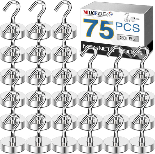 MIKEDE Magnetic Hooks Heavy Duty, 28LB Strong Rare Earth Neodymium Magnets with for Hanging, Hanger Cruise Kitchen, Home, Workplace, Office and Garage, 75 Pack