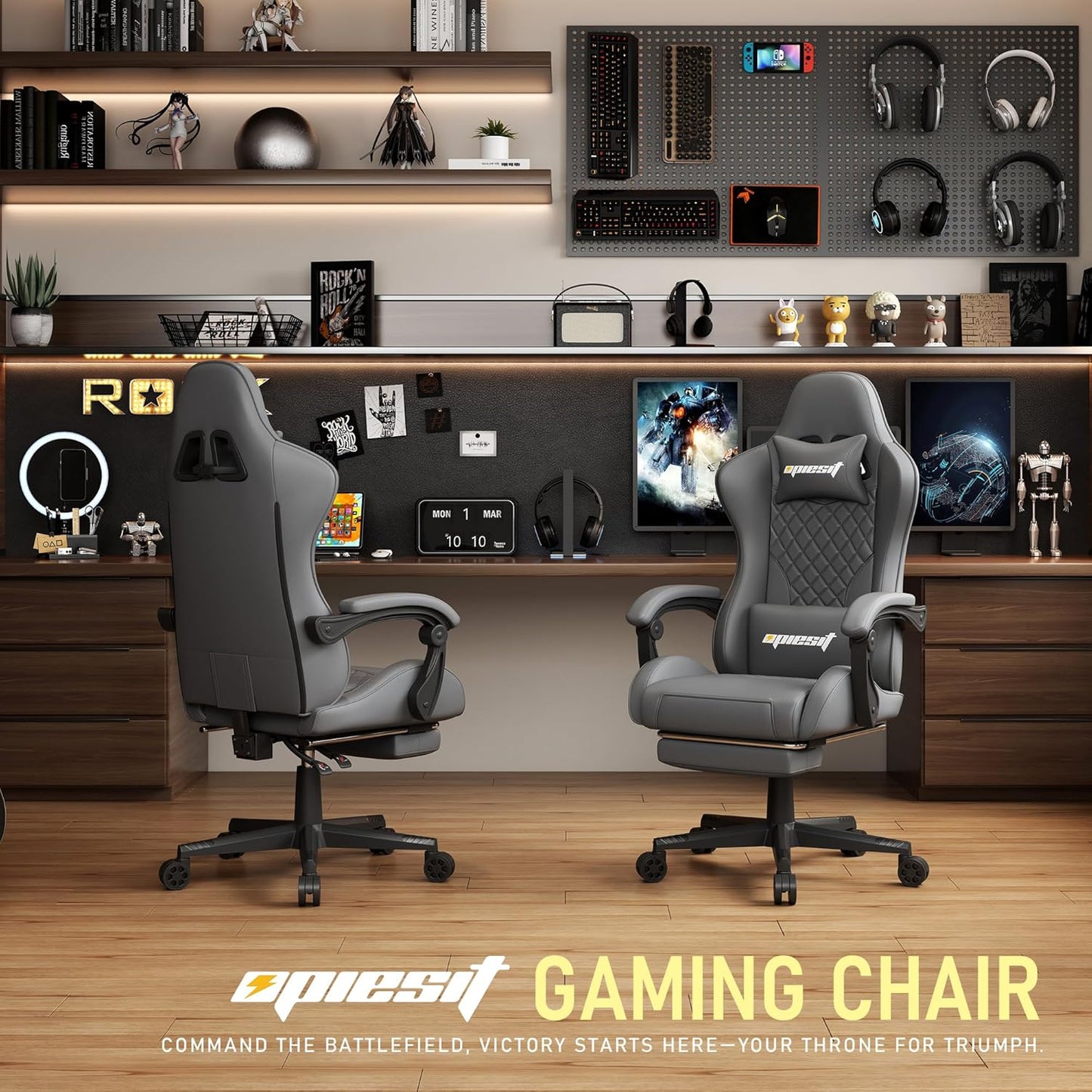 Gaming Chair,Ergonomic Computer Chairs for Adults with Footrest, PU Leather Office Chair with Adjustable Lumbar Support & Pocket Spring Cushion - Heavy Duty 400lb Capacity Gamer Chair (Grey)