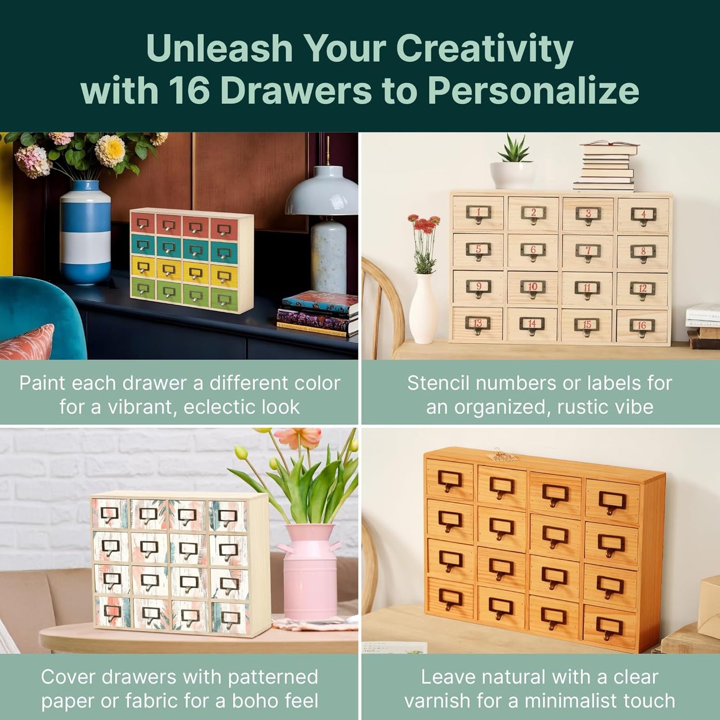 DIY Wooden Desk Organizer with Drawers – Unfinished 16-Drawer Wood Desk Organizer for Crafts, School, or Office – Customizable Wooden Apothecary Cabinet for Creative Storage – Natural Wood Finish