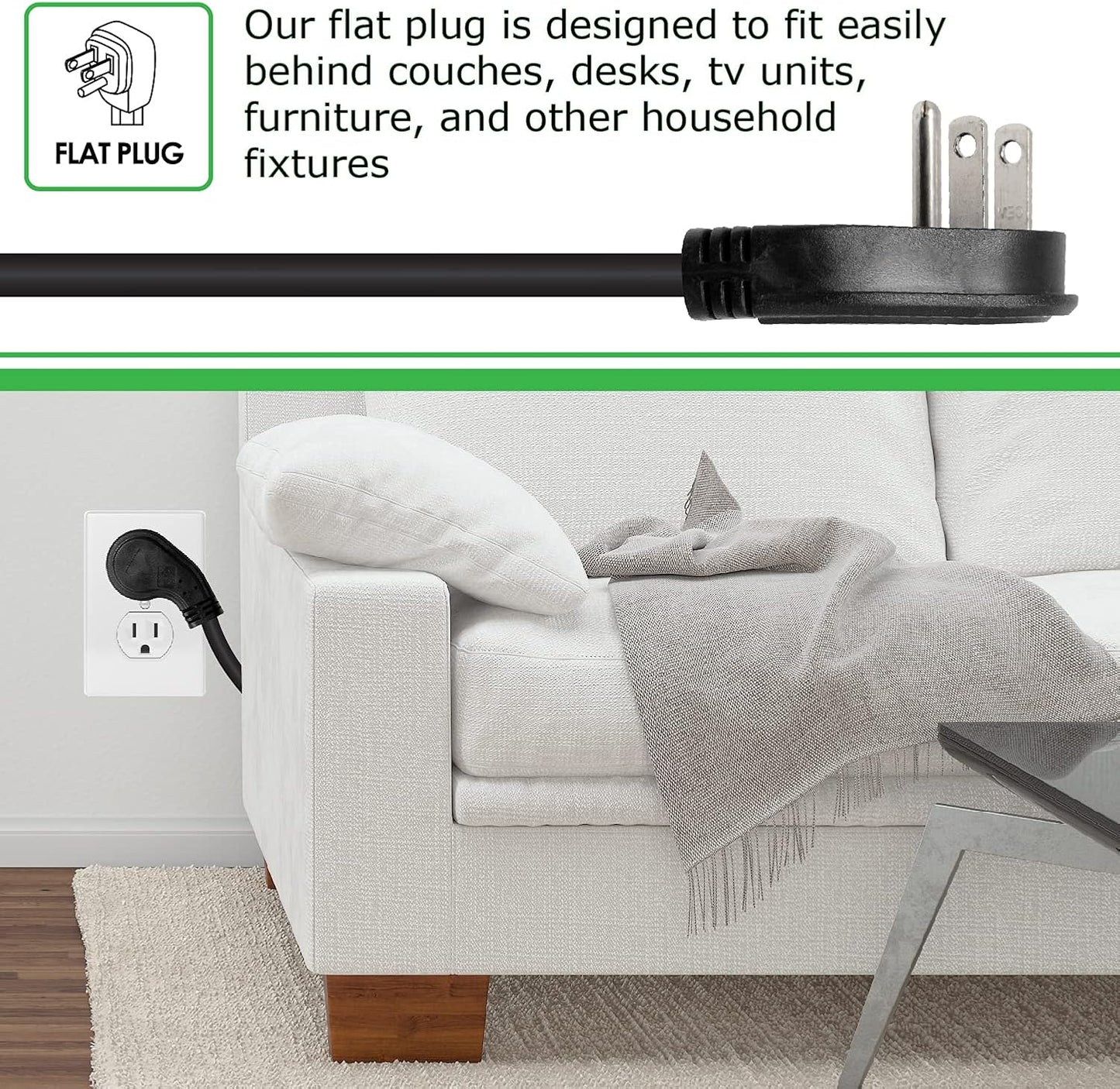 Digital Energy 8 Outlet Surge Protector Power Strip - 15 AMP, 1875 W, 125 V, 350 J Surge Protection, ETL Listed - Flat Plug, Black, 8 FT