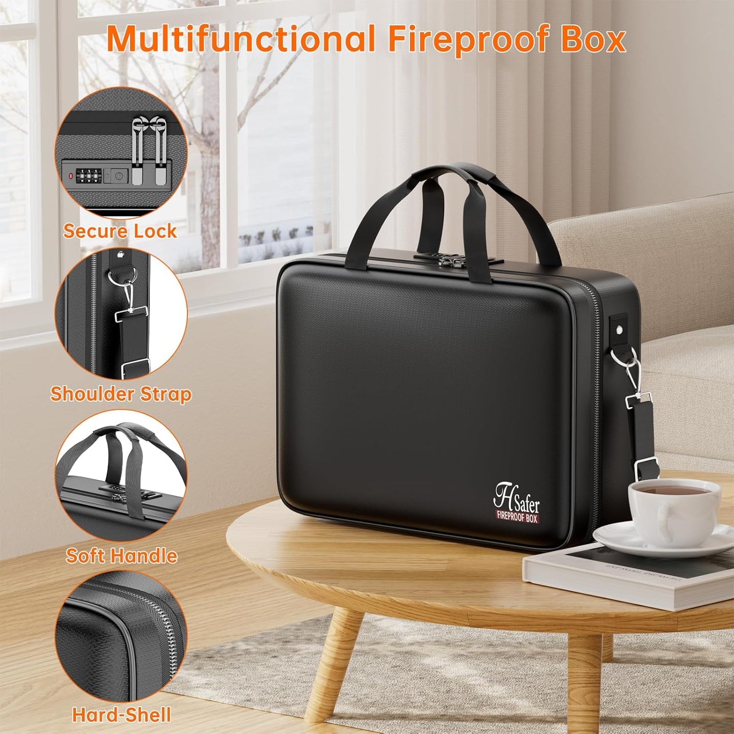 Fireproof Document Box with Lock, Hard-Shell Case File Organizer with 24 Pocket Accordion File Folder, Portable Safe Box with Shoulder Strap for Home Important Documents Laptop Black