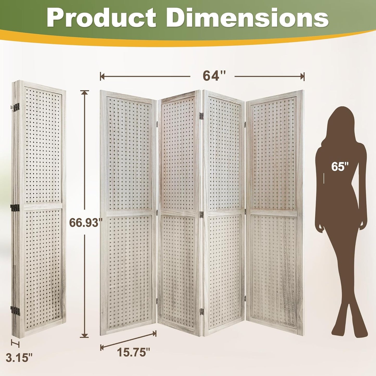 NicBex 4 Panel Pegboard Display,5.6FT Wood PegBoard Room Dividers,Folding Privacy Screens Portable Freestanding Display Board for Craft/Art Shows,Room Separation,Natural Wood