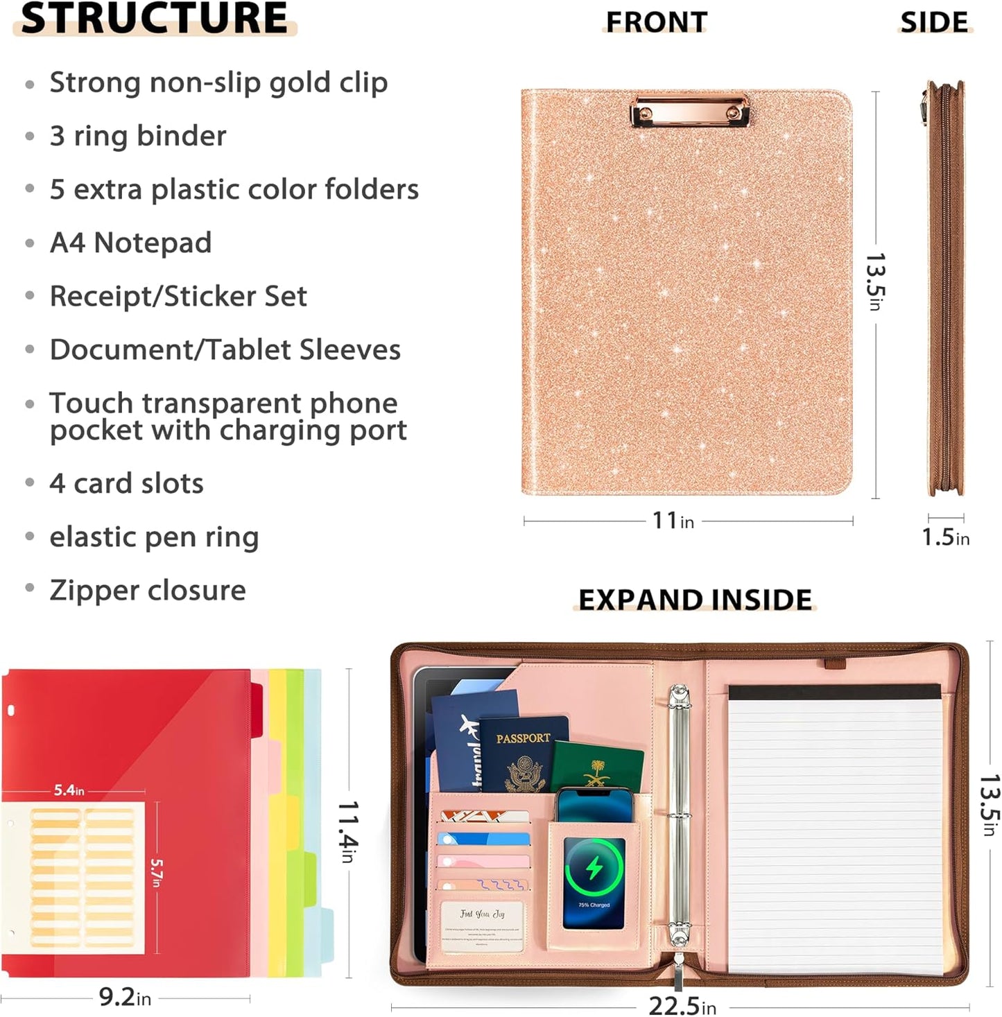 Leather Clipboard with Storage, Zippered Padfolio Portfolio Organizer, 3 Ring Binder 1 Inch, Notepad, Tablet Sleeve, 5 Dividers with Pocket, Stickets for Office, Nurses, Students, Teachers Rose Gold