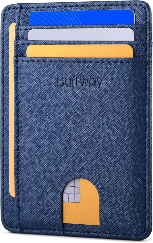 Buffway Slim Minimalist Front Pocket RFID Blocking Leather Wallets for Men and Women - Cross Blue