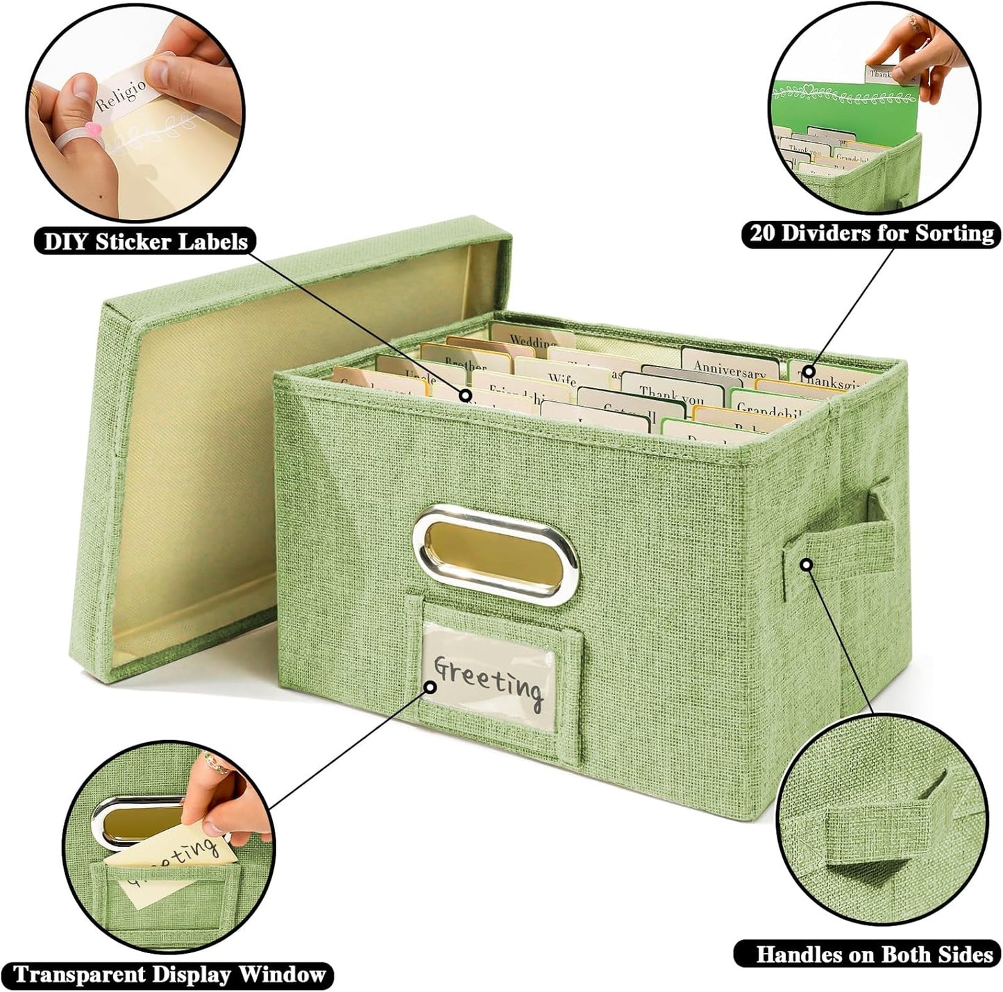 Vienrose Greeting Card Organizer 2 Pack, Storage Box with 40 Adjustable Dividers, Foldable Organizer Box Holds over 150 Cards, Storage Stickers Recipes Photos Envelopes Bills Vinyl Records, GrassGreen