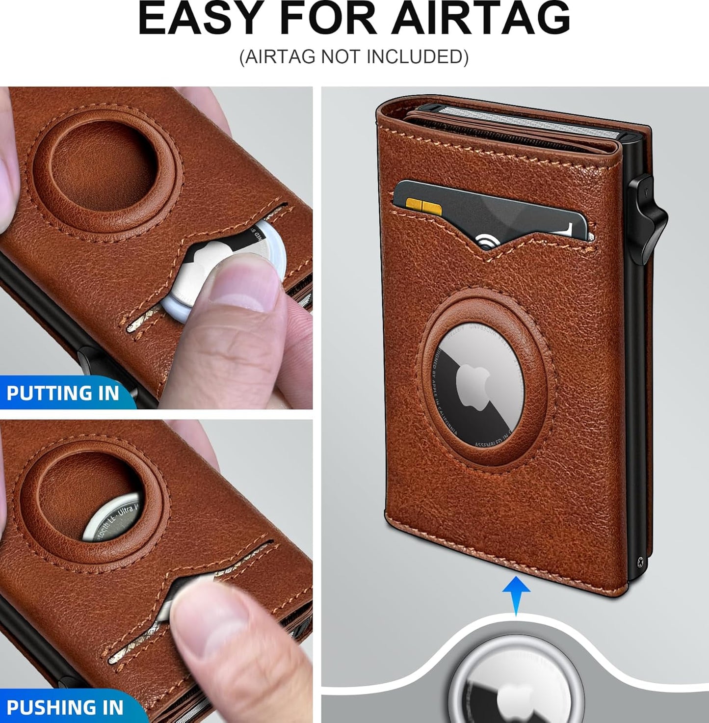 Airtag Wallet for Men,with Cash Pocket 2 ID Window 9-12 Cards,Metal Case Smart Slim Pop Up Credit Card Holder Flip with Magnetic Closure RFID Blocking Trifold wallet with Gift Box