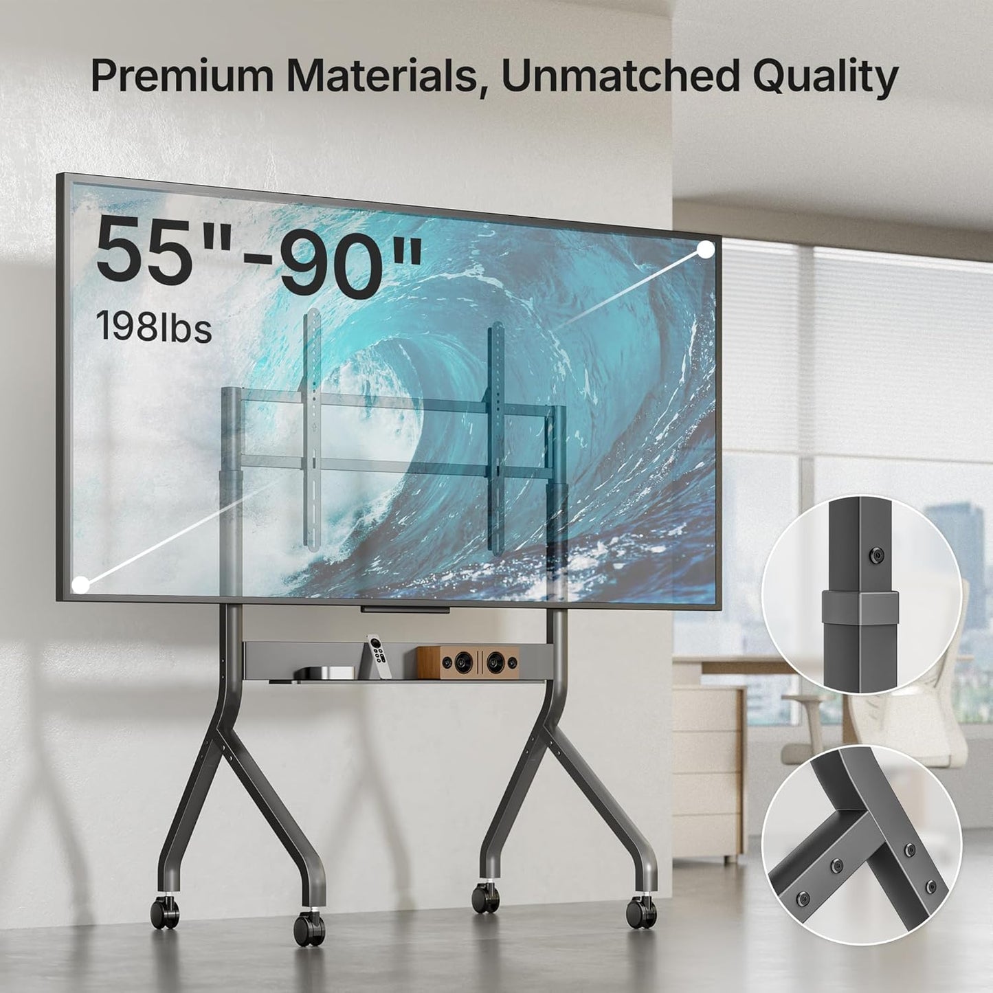 FortiLift Premium Manual Height Adjustable TV Cart for 55–90” Displays – Business-Class Rolling Stand with Crank Lift, VESA 900×600, 198 lbs Capacity, Storage Shelf, Lockable Wheels