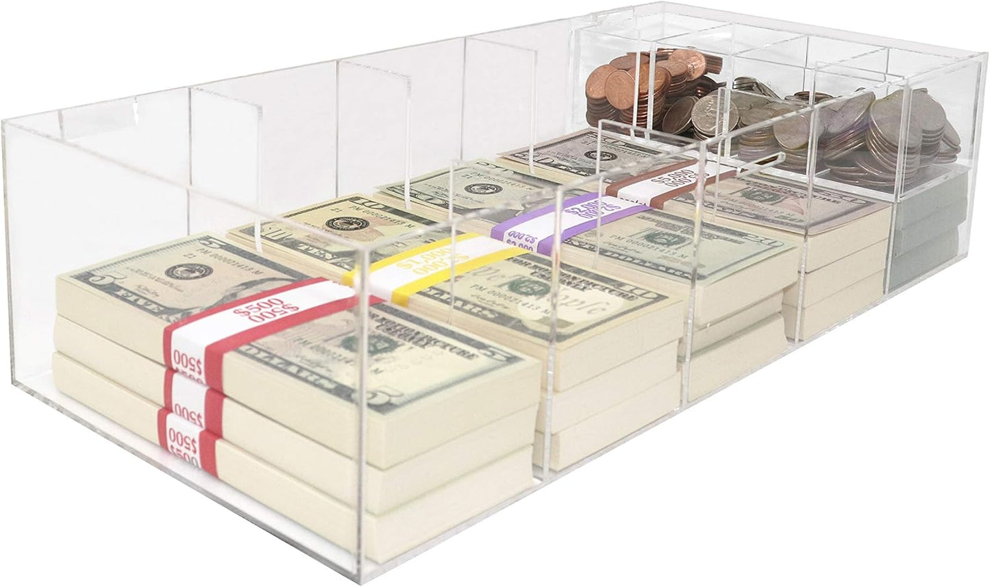 Acrylic Money Tray with Coin Tray Insert, 5 Compartment Clear Cash Organizer Currency Money Storage Box, 300 Money Wrappers Included