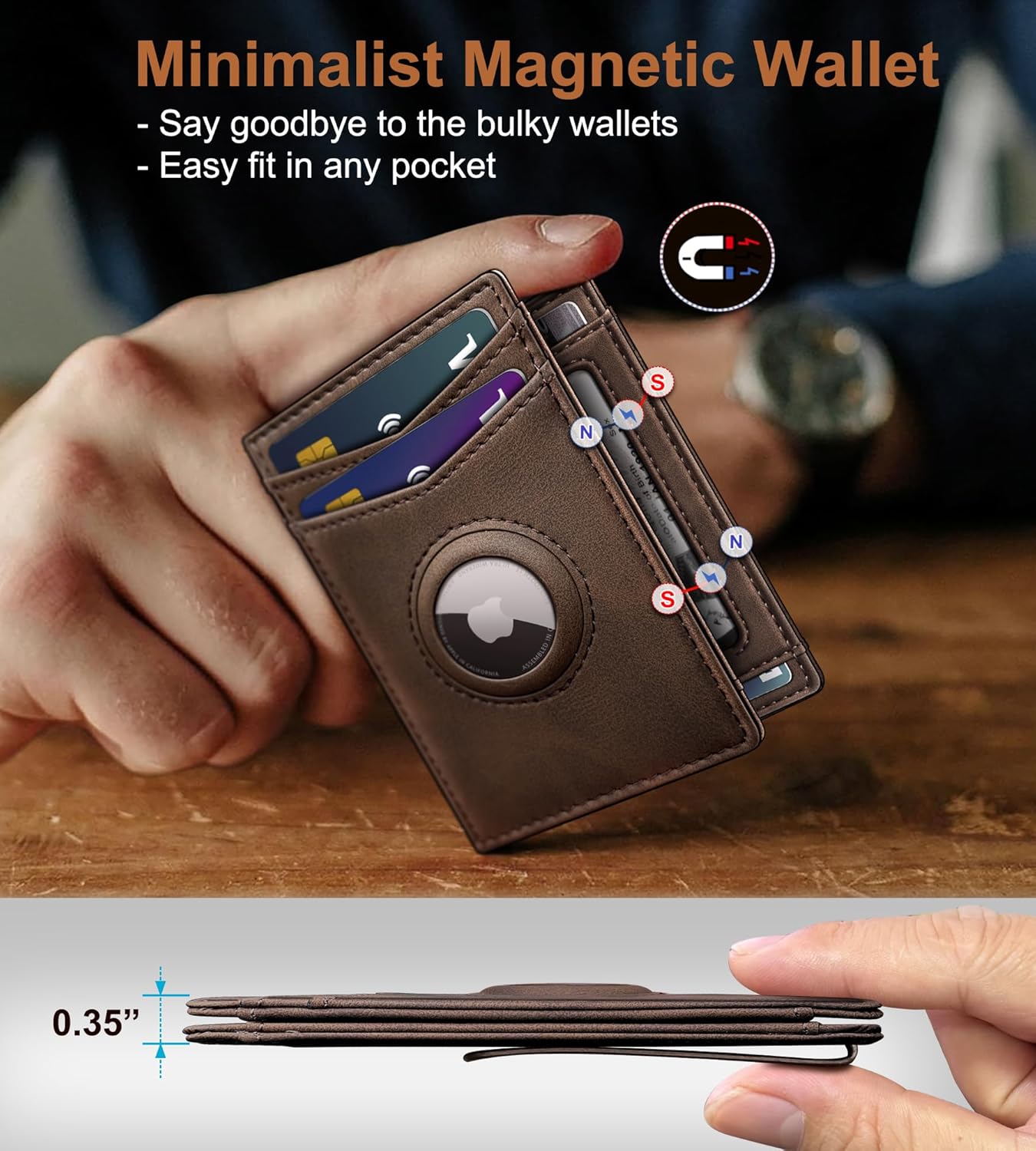 Airtag Wallet for Men- with Money Clip Gift Boxed, Magnetic Closure Slim Genuine Leather Front Pocket Wallet, 4.1"x 2.8", RFID Blocking