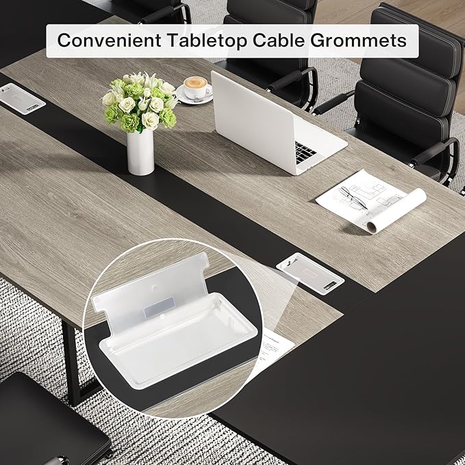 Tribesigns 8FT Conference Table, 94.48L x 47.21W x 29.52H Inches Boat Shaped Meeting Table with Rectangle Grommet, Modern Seminar Boardroom Table for Office Conference Room (Grey & Black, 8ft)