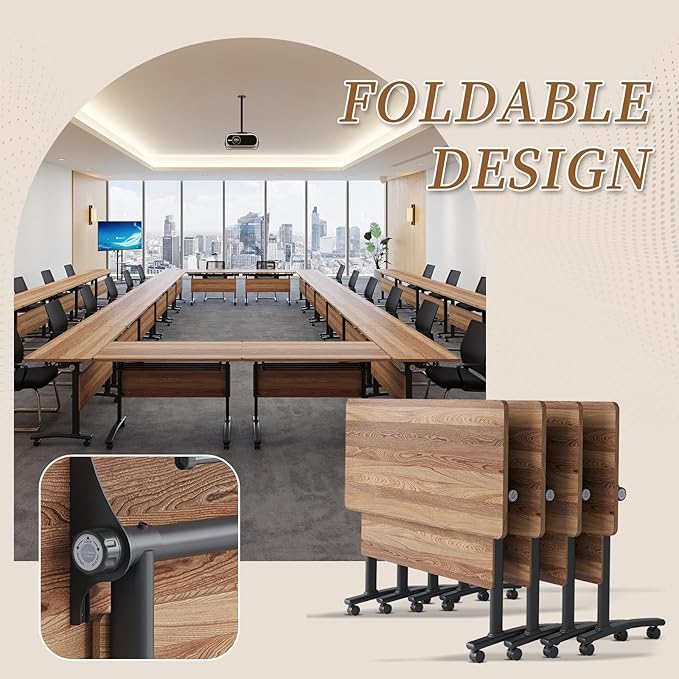 Folding Conference Room Table, Modern Conference Tables with Silent Wheels, Large Rectangular Mobile Training Tables for Office Classroom, Foldable Modular Boardroom Seminar Table (10pack L63in)