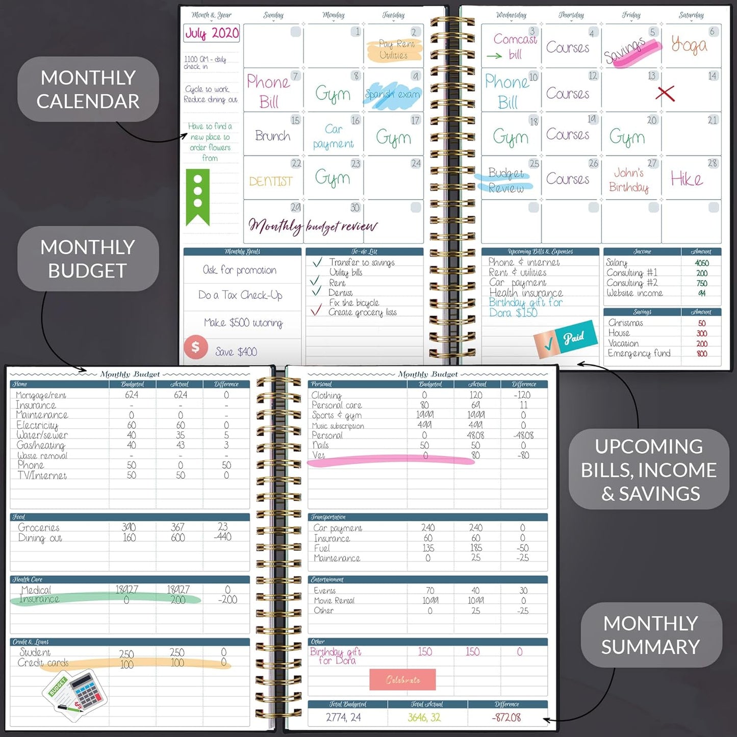 GoGirl Budget Planner & Monthly Bill Organizer – Monthly Financial Book with Pockets. Expense Tracker Notebook Journal, Large (Black)