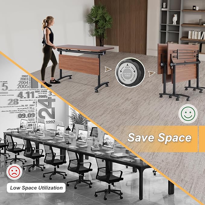 Conference Room Table with Silent Wheels, Mobile Folding Conference Table for 16 Person,Flip Top Office Training Tables with Walnuts Wood Tabletop, for School,Business Meeting Rooms (6 Pack 47in)