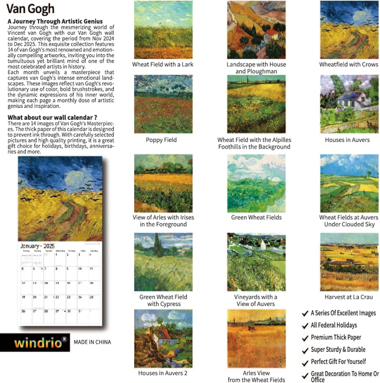 2025 Wall Calendar,Calendar 2025, January 2025 - December 2025, Wall Calendar Vincent van Gogh Painting, 12" x 24" Opened,Full Page Months Thick & Sturdy Paper for Calendar Organizing & Planning