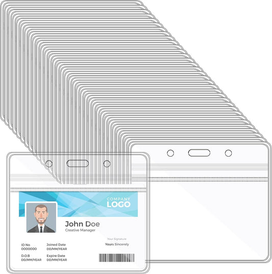 Happy Trees Badge Holder Horizontal ID Card Protector, Name Tag Badge Holders with Resealable Zip, Clear PVC Plastic Sleeves, Pass Case Credential Pouch for Office, School (50 Pack)